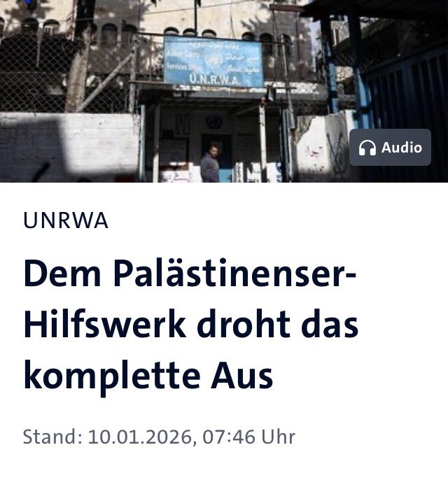 Es gibt auch noch gute Nachrichten bei der <a href="/tagesschau/">tagesschau</a> 
Der <a href="/UNRWA/">UNRWA</a> droht das Aus, weil Israel nicht mehr bereit ist, die Terrorkomplizen mit Strom und Wasser zu versorgen