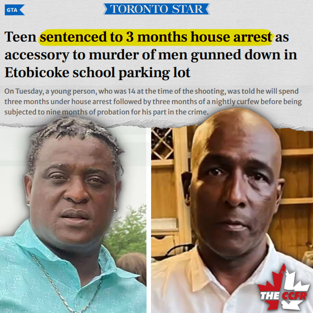 IS THIS JUSTICE? An Ontario judge gave the teen who plead guilty to accessory to murder, possessing a stolen car &amp; possessing an illegal (full auto) handgun:

3-months house arrest

The shooting claimed the life of 2 fathers (Delroy Parkes &amp; Seymour Gibbs), and injured 3 others.
