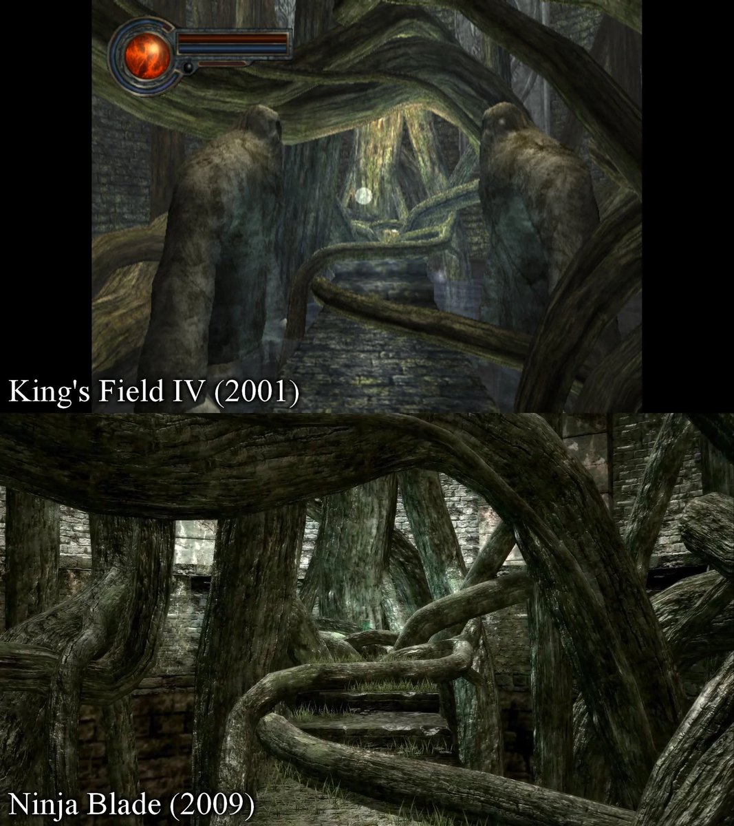 WesternYokai666's tweet image. Curiosidade do dia: Ninja Blade foi feito pela From Software e possui um boss que usa o mesmo modelo da Armored Spider e uma sala onde vc encontra a Moonlight Greatsword que usa o mesmo modelo da mesma sala em King’s Field IV.