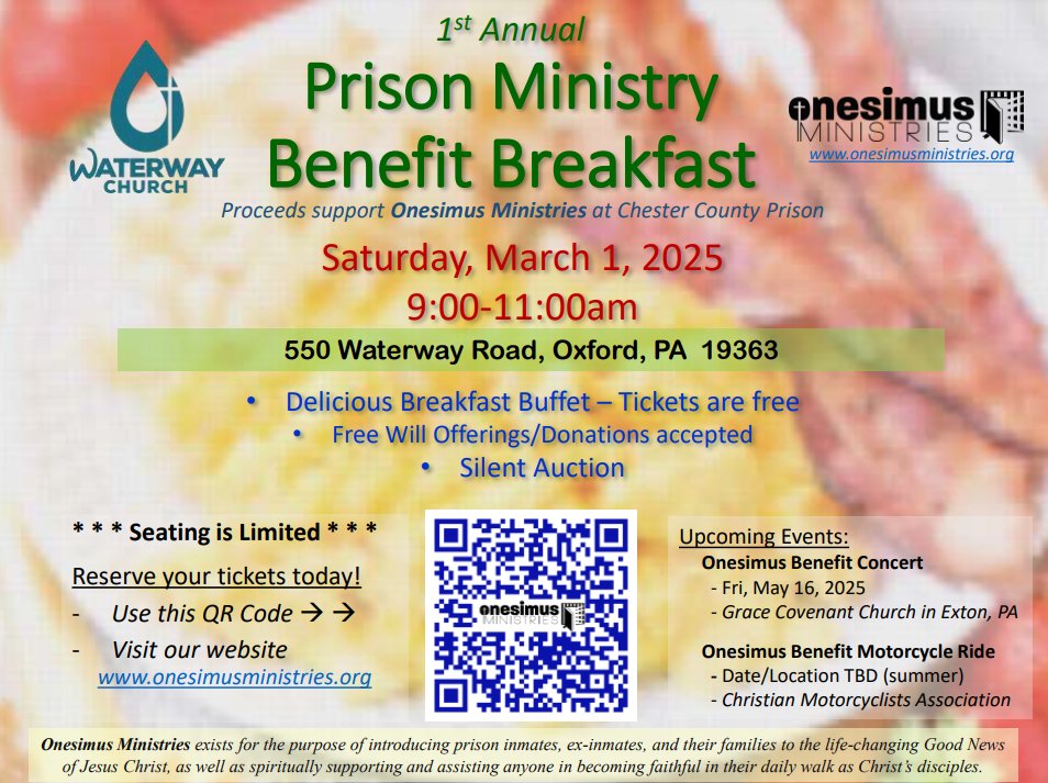 CCGMtweets's tweet photo. FREE Breakfast to Benefit Prison Ministry, Saturday, February 28 - https://t.co/5QsqRsHUjf https://t.co/y2ZD9q9uKW