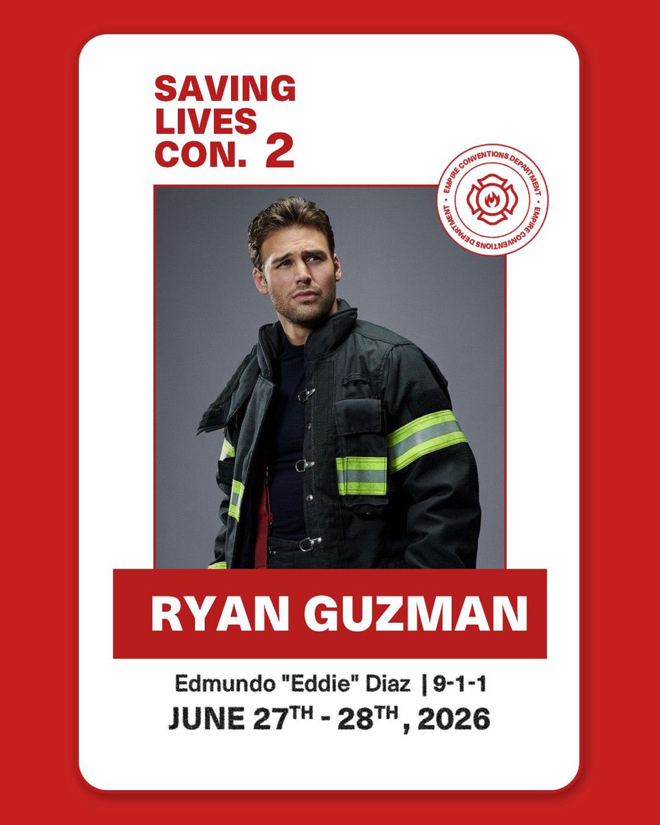 EmpireConv's tweet image. You thought we’d stop at Buck? Please. Some duos are non-negotiable, and Buddie is one of them, so please welcome Ryan Guzman alias Eddie Diaz at our convention! 

Dates: June 27-28 2026
Pass &amp;amp; extras: billetweb.fr/savinglives2
FB group: facebook.com/groups/1467474…
Venue: Paris, France…