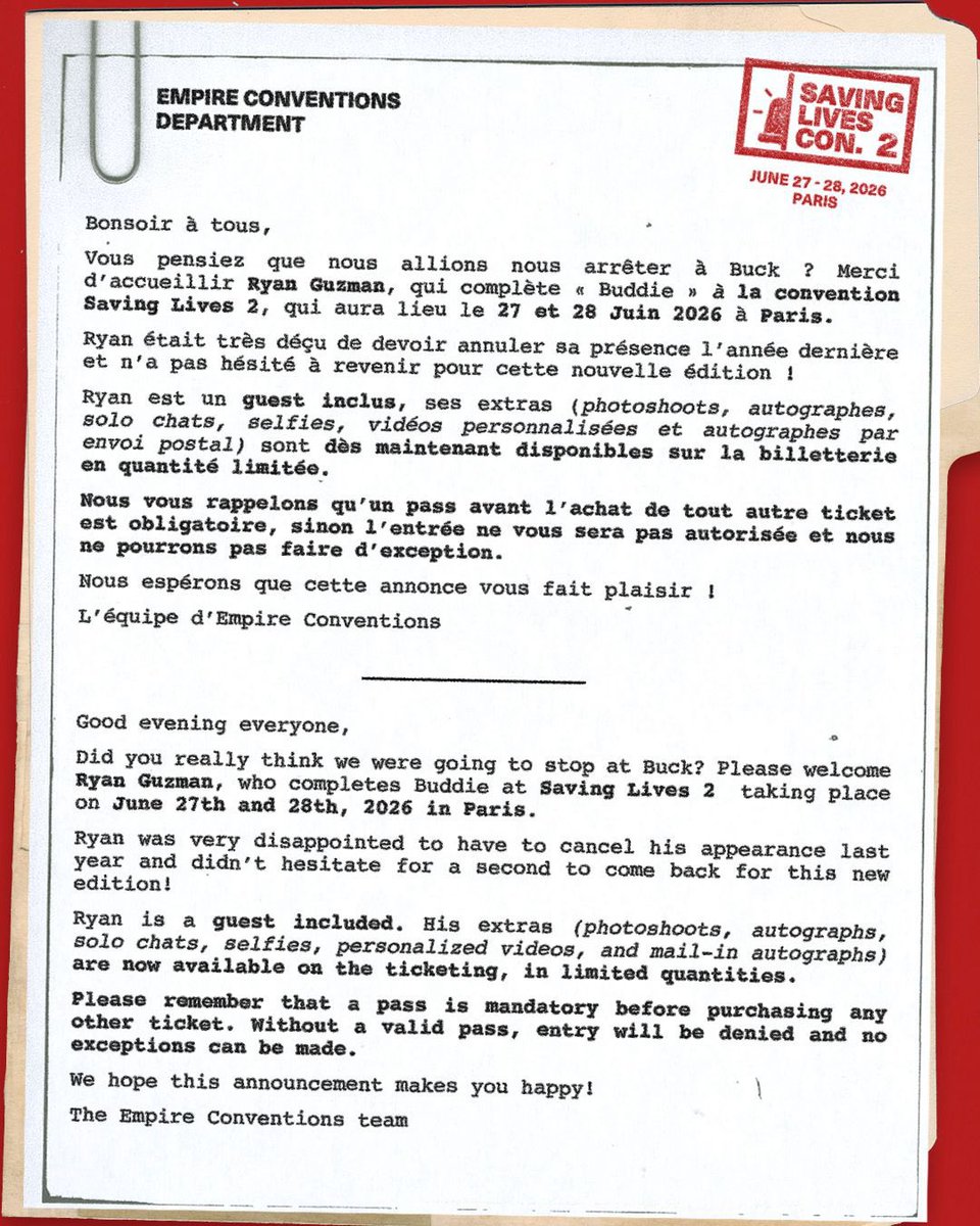 EmpireConv's tweet image. You thought we’d stop at Buck? Please. Some duos are non-negotiable, and Buddie is one of them, so please welcome Ryan Guzman alias Eddie Diaz at our convention! 

Dates: June 27-28 2026
Pass &amp;amp; extras: billetweb.fr/savinglives2
FB group: facebook.com/groups/1467474…
Venue: Paris, France…