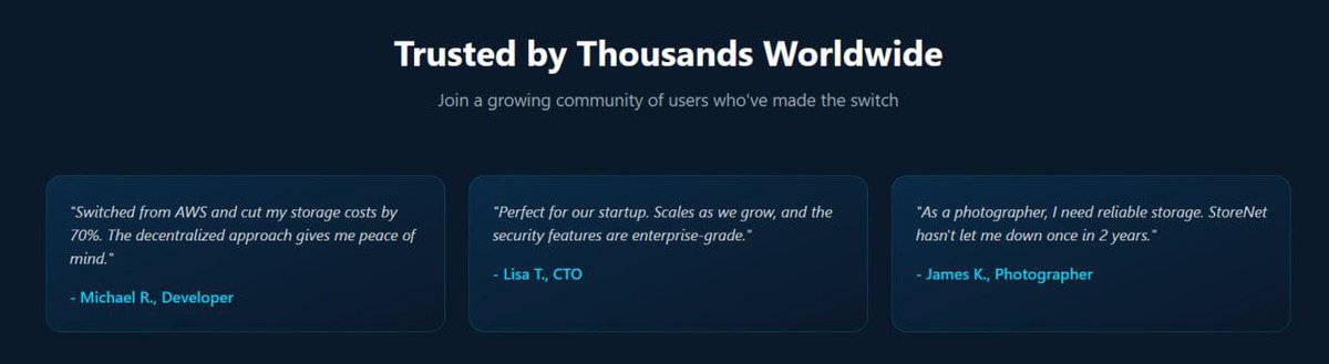 StoreNet_01's tweet image. Join thousands who trust StoreNet.
From developers cutting costs by 70% to photographers safeguarding years of memories, our community is growing for a reason. Be the next success story. Choose StoreNet today!

#StoreNet #Web3 #CloudStorage