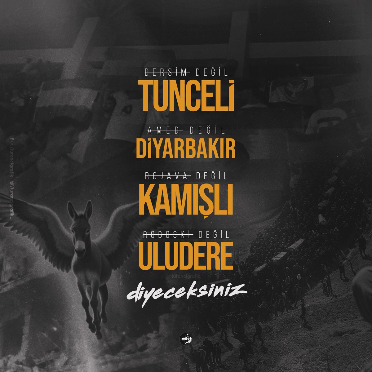 dersim  değil, TUNCELİ!
amed  değil, DİYARBAKIR!
rojava değil, KAMIŞLI!
roboski değil, ULUDERE diyeceksiniz!

Kafanıza vura vura dedirteceğiz!