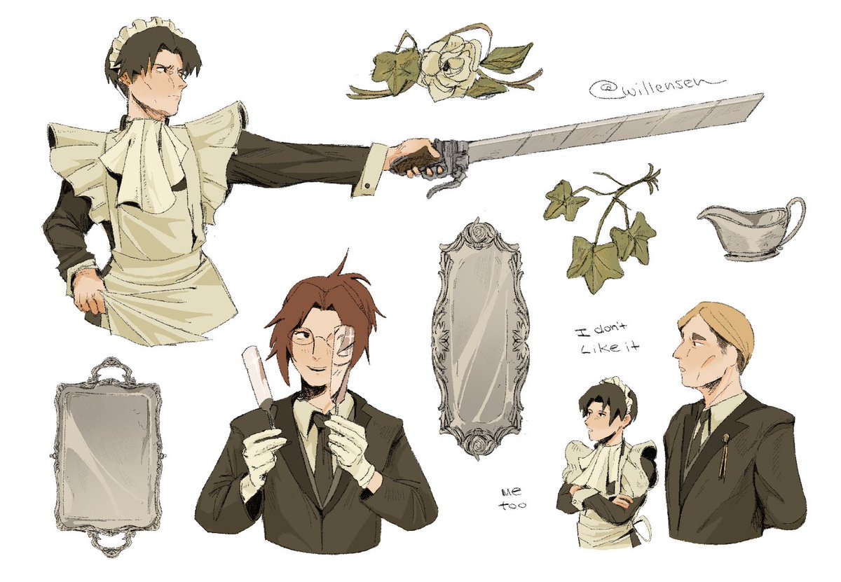 Repost from my other socials
Maid au scribbles ٩( ᐛ )و
#levi #erwinsmith #Hange #aot