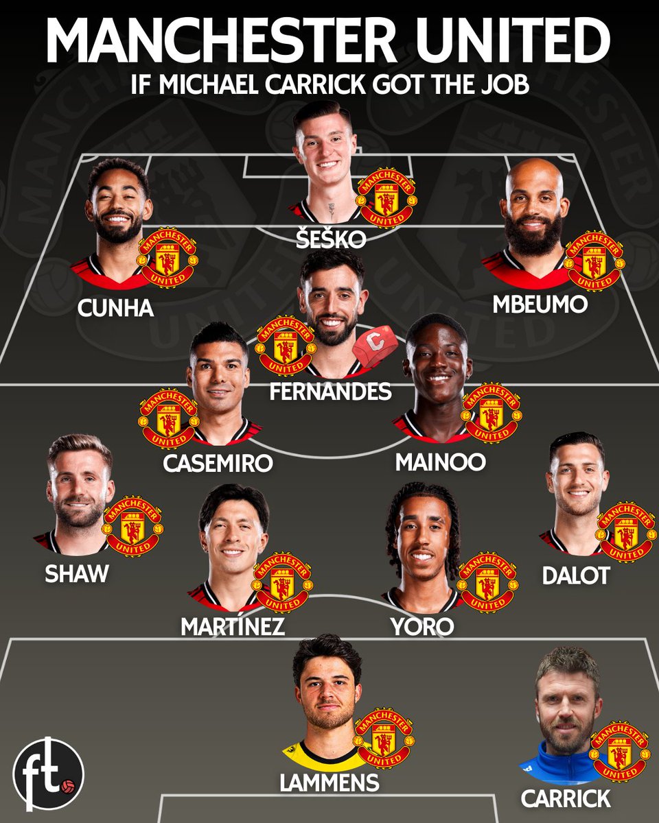 Footballtweet's tweet image. 👕 How Manchester United are likely to line-up in Michael Carrick's first game against Manchester City on Saturday.

Carrick favours the 4-2-3-1 formation. 

Bruno Fernandes, Harry Maguire and Diogo Dalot all featured in Carrick's last game as Man Utd interim manager in 2021.
