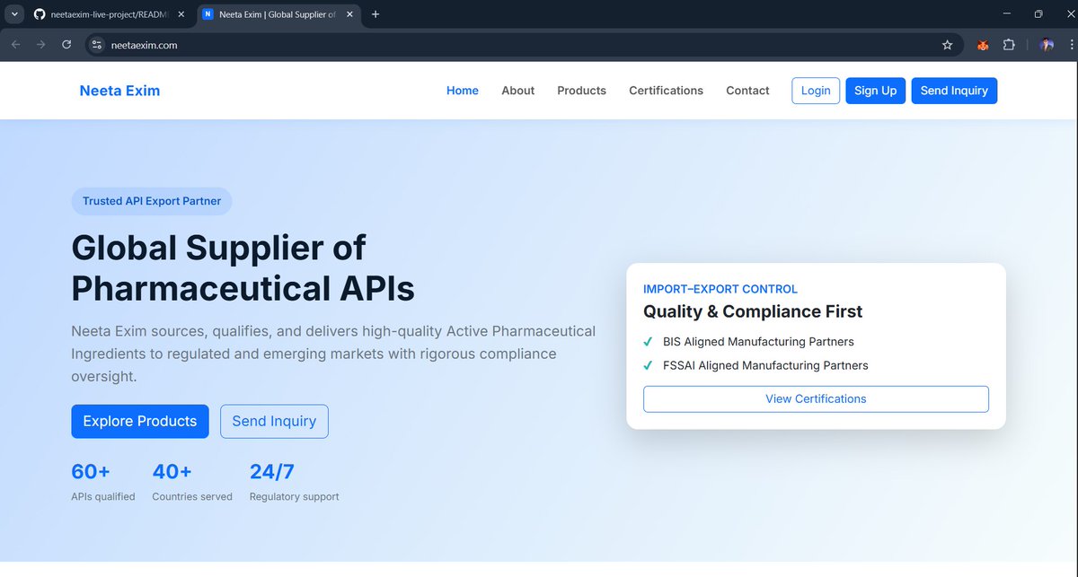 codewithmilind's tweet image. Built &amp;amp; deployed Neeta Exim 🌍
Live: neetaexim.com
Django | VPS | HTTPS
Code is private
lnkd.in/g8VRQuhZ

#BuildInPublic #DataScience #GenAI #Django #AI #LLM #IndieHacker