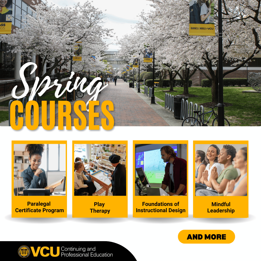 OCPE_VCU's tweet photo. New season. New skills. The spring catalog is now live! Build practical expertise with courses like Play Therapy, Paralegal Studies, Foundations of Instructional Design, Mindful Leadership and more. https://t.co/9qQupS2weo #VCU #AdultLearner #SpringCatalog https://t.co/Wy2UY0rq62
