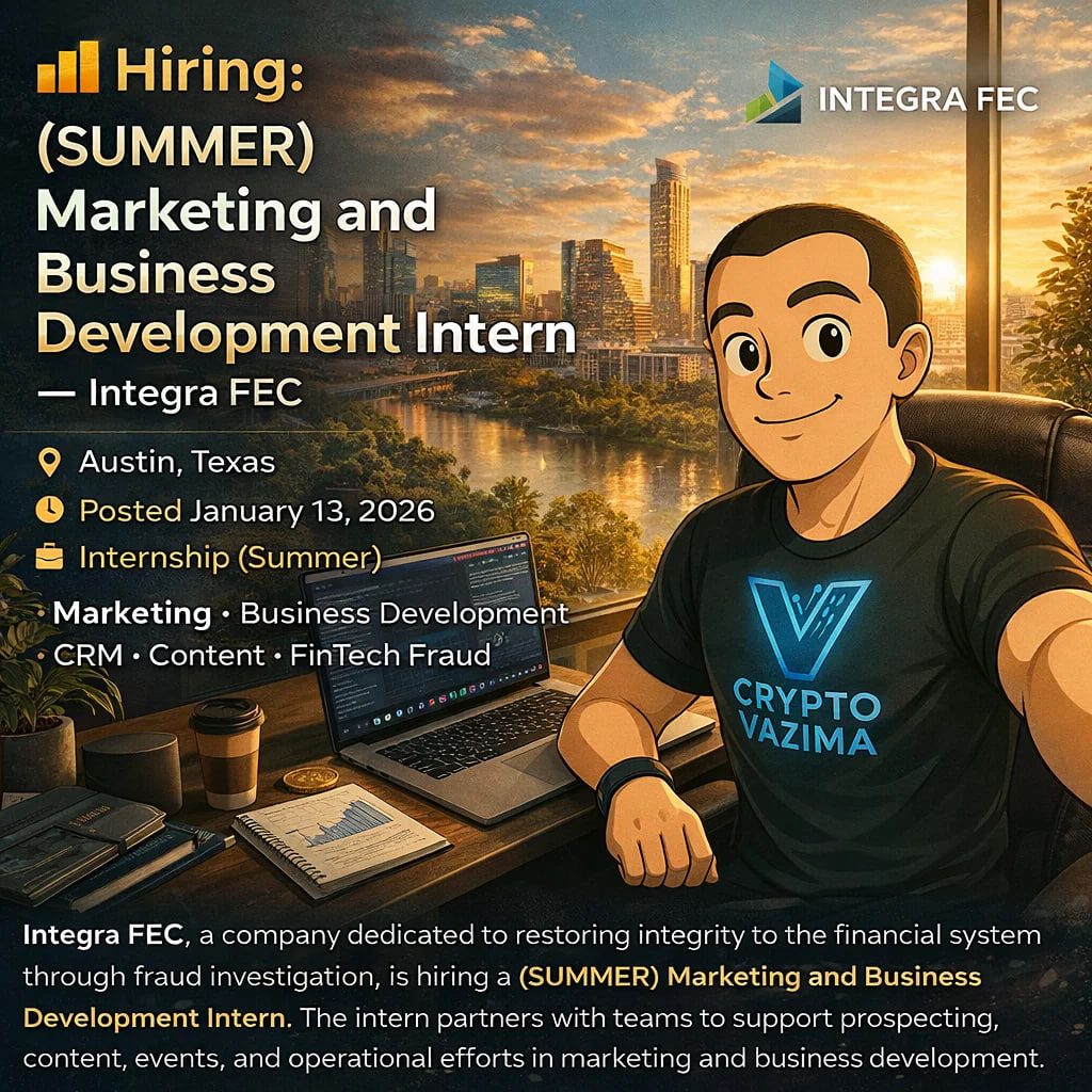 📊 Hiring: (SUMMER) Marketing and Business Development Intern — Integra FEC  📍 Austin, Texas | 💼 Internship (Summer) | 🧑‍💻 Marketing · BD · LinkedIn  Content · CRM · FinTech · Fraud