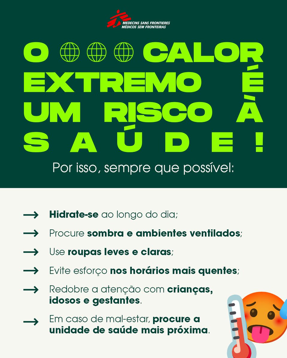 MSF_brasil's tweet image. Tá quente, né? 🥵

O calor extremo afeta a saúde física e emocional. Fique atento a sinais como tontura e dor de cabeça.

🔴A crise climática é uma crise de saúde! Enfrentá-la exige ações e políticas coletivas para proteger todas as pessoas, especialmente as mais expostas.
