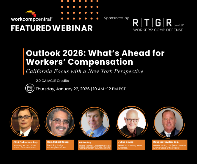 WorkCompCentral's tweet image. Join us for Outlook 2026: What’s Ahead for Workers’ Comp — a CA MCLE–accredited live webinar with a CA focus &amp;amp; NY perspective.

Proud to welcome RTGR Law as our networking sponsor.

Register: workcompcentral.com/education/show…

#WorkCompCentral #MCLE #RTGRLaw #Education #WorkersCompensation