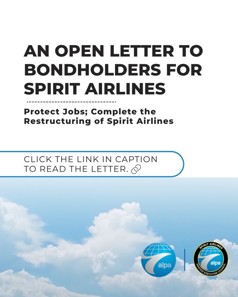 SpiritMEC_ALPA's tweet image. Spirit employees stepped up. Now bondholders must honor their commitments for Spirit to successfully restructure. Read the open letter from ALPA leadership. bit.ly/4pNYXSU