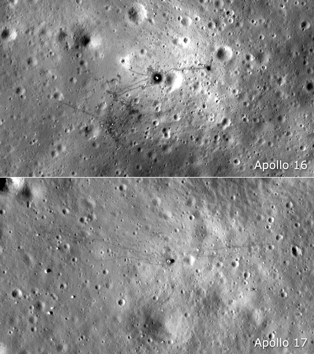 Moonpans's tweet photo. All 6 Apollo Moonlanding Sites captured by the LRO

These 6 incredible photos show the Apollo 11, 12, 14, 15, 16 and 17 landing sites as captured by NASA’s Lunar Reconnaissance Orbiter

The photos show the Lunar Module descent stages, astronaut footprints and various hardware left on the moon