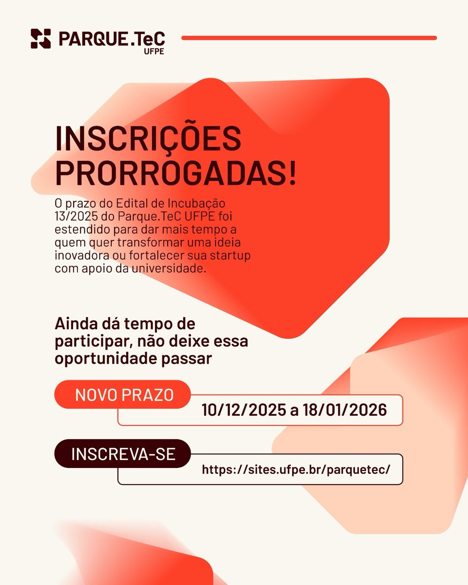 ufpecac's tweet image. Boa notícia - o prazo do Edital de Incubação do Parque.TeC UFPE foi prorrogado, com a chance da sua ideia inovadora ou acelerar sua startup com apoio científico, tecnológico e estratégico. Não perca e se inscreva!
+ info
sites.ufpe.br/parquetec 
instagram.com/parque.tec.ufpe