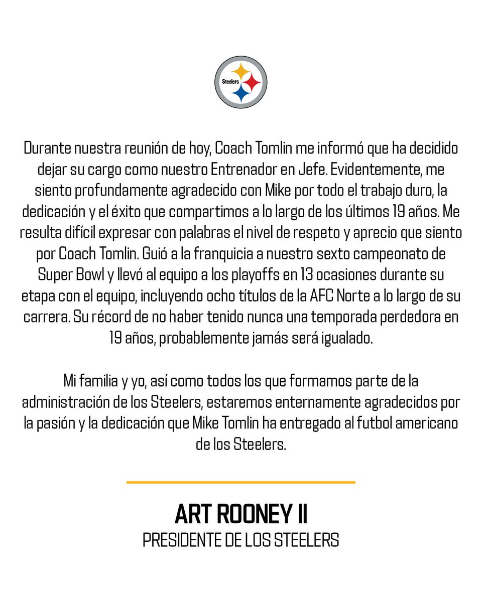 LosSteelers's tweet image. Comunicado del presidente de los Steelers, Art Rooney II, sobre el entrenador Mike Tomlin: