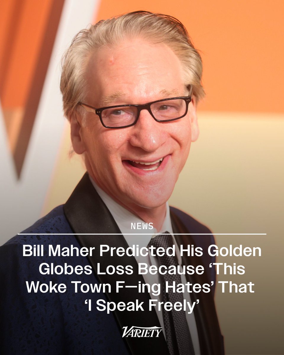 Variety's tweet image. #BillMaher says he predicted his Golden Globes loss because “this woke town f—ing hates” that “I speak freely”:

“Obviously, it’s something I said. Well, it’s everything I said,” and “I speak freely, and this woke town fucking hates that. And that’s okay. I’ve made my peace with…