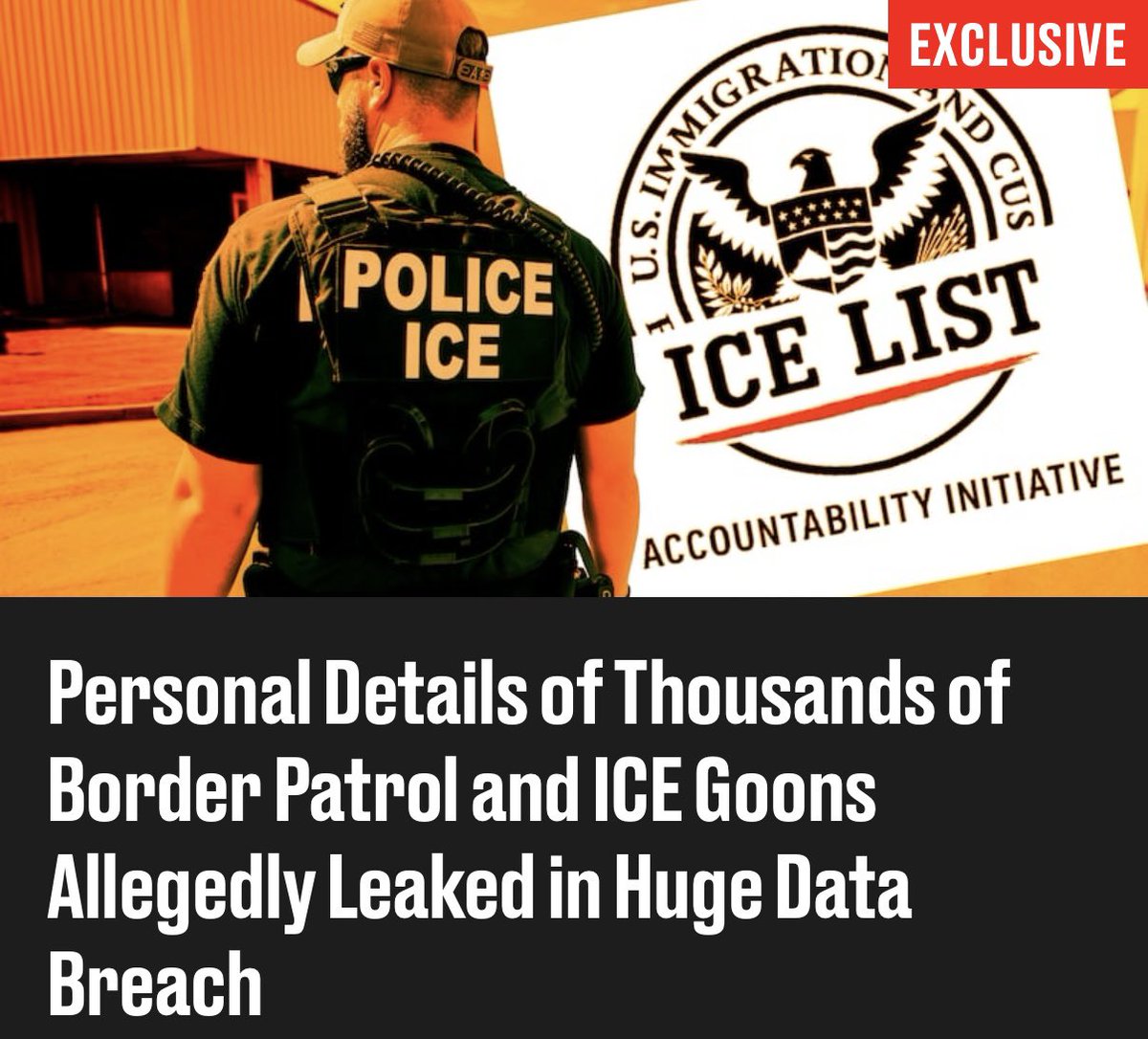 NotHoodlum's tweet image. A Department of Homeland Security whistleblower has released sensitive details of 4,500 ICE and Border Patrol employees, including almost 2,000 frontline enforcement agents.
thedailybeast.com//personal-deta…
