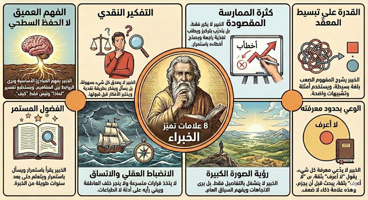 كيف تصبح خبير في مجالك؟

8 علامات تميز الخبير في اي مجال:
1-الفهم العميق لا الحفظ السطحي: الخبير يفهم المبادئ الأساسية ويرى الروابط بين المفاهيم، ويستطيع تفسير "لماذا" وليس فقط "كيف".
2- التفكير النقدي: الخبير لا يصدق كل شيء بسهولة، بل يسأل ويفكر بطريقة نقدية ويختبر الأفكار قبل