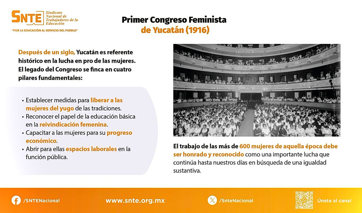 📜 En el 1er Congreso Feminista de Yucatán de 1916, un grupo de 600 mujeres 🚺 establecieron las bases para el empoderamiento de todas ellas y su pleno desarrollo en el ámbito educativo, sociocultural y en la función pública. 👩🏻‍🎓👩🏻‍🏭🧍🏻‍♀️
#SNTEconEllas
