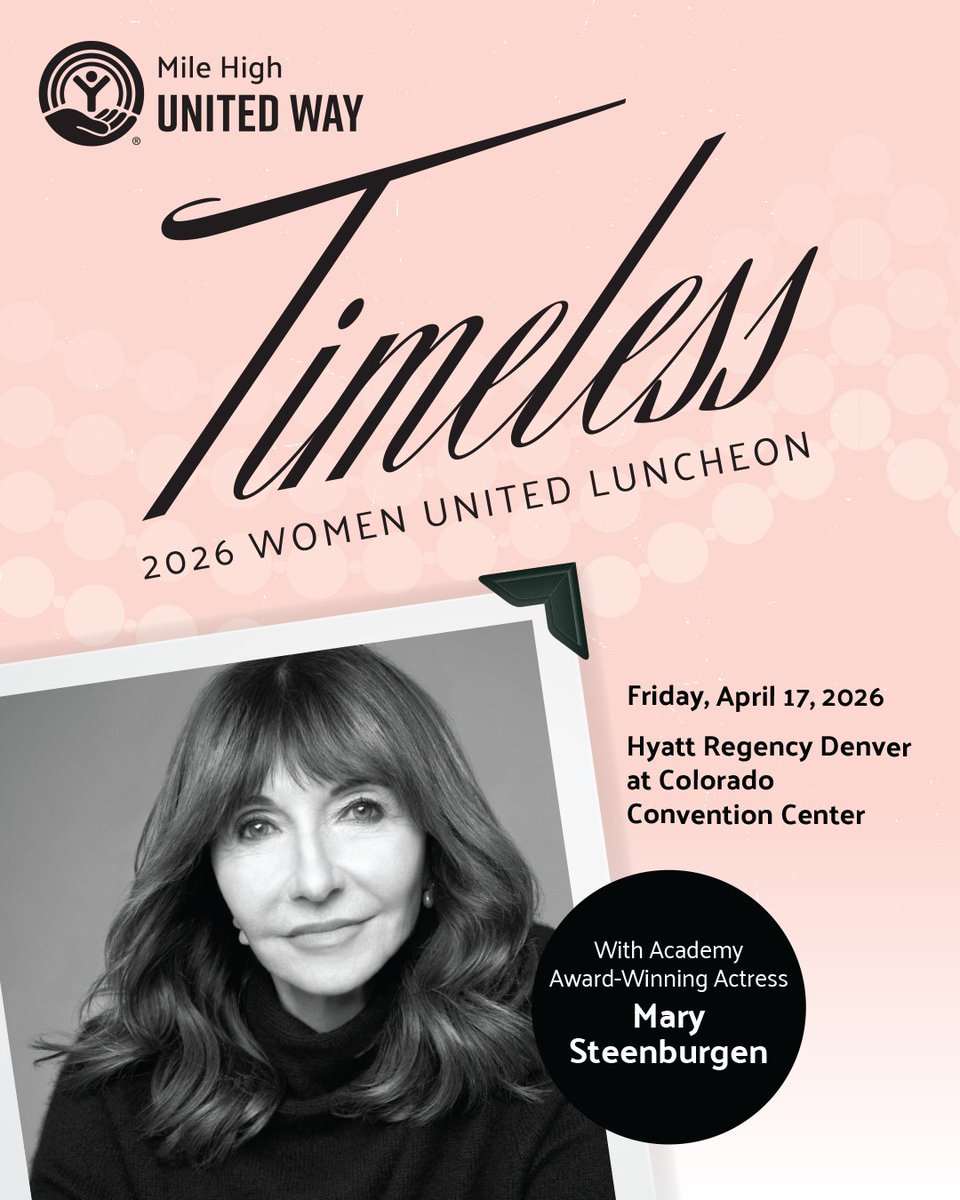 UnitedWayDenver's tweet image. We are thrilled to announce Mary Steenburgen as our 2026 Women United Luncheon Speaker! This year's theme: Timeless. We believe the values of kindness, humility, courage and integrity are timeless. Purchase a table with friends or coworkers: bit.ly/4qV9fBB

#denverevent