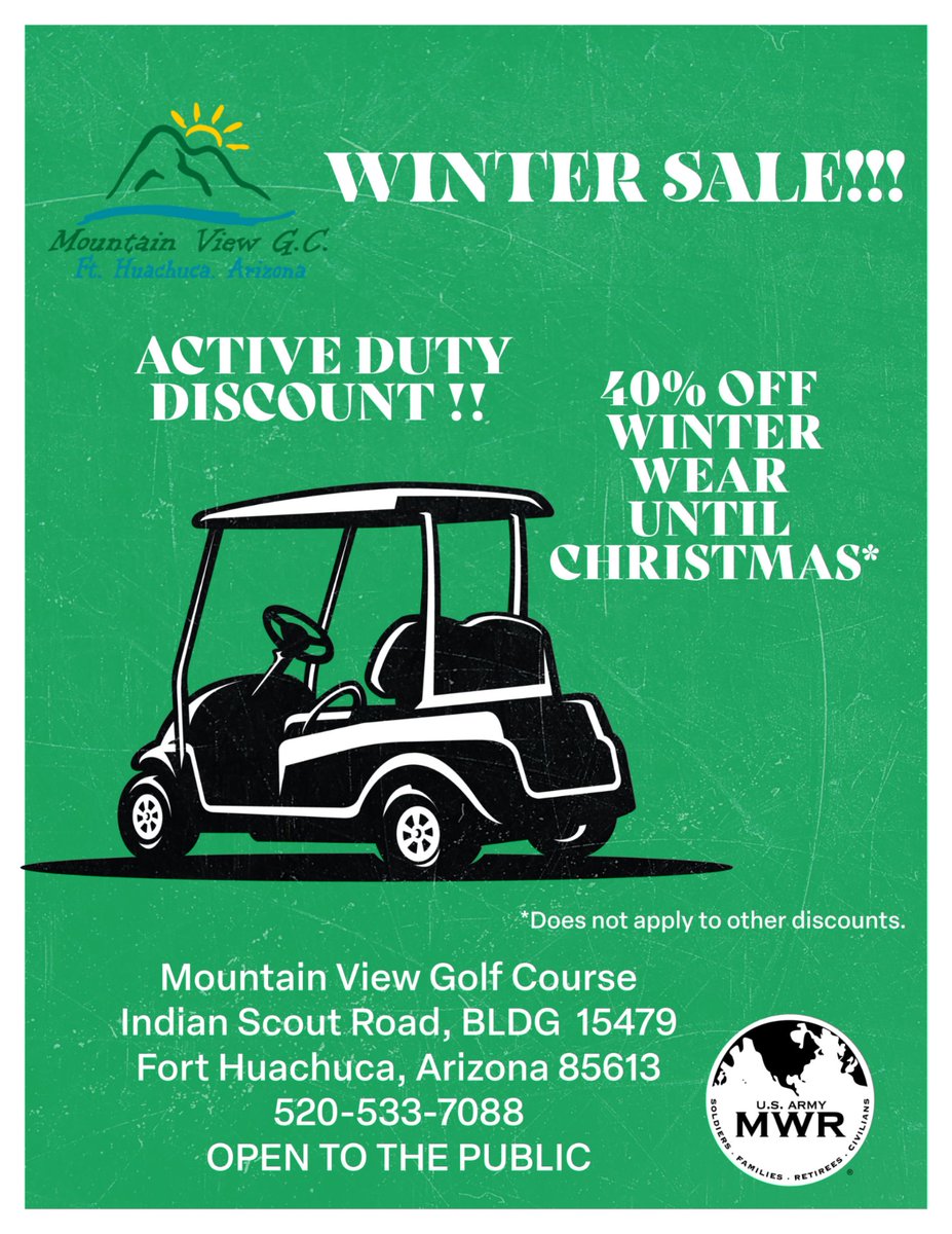 MWRHuachuca's tweet photo. Don't miss the Daily Golf Specials! Available EVERY DAY! No base access required and OPEN TO THE PUBLIC!  Call 520-533-7088 for more information and plan your tee time. ⛳ 🏌️‍♀️ https://t.co/7qTkeoEg4e
