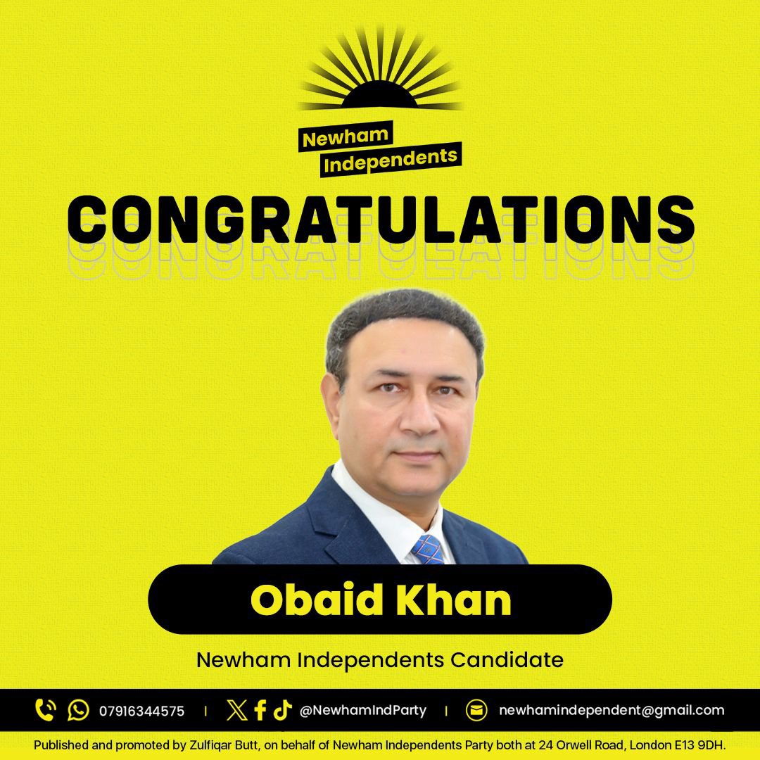 NewhamIndParty's tweet image. 🎉Congratulations to Obaid Khan on being selected as a Newham Independents councillor candidate for the May 2026 local elections.
Wishing you every success on this exciting journey!

#NewhamIndependents #LocalDemocracy #TeamNewham