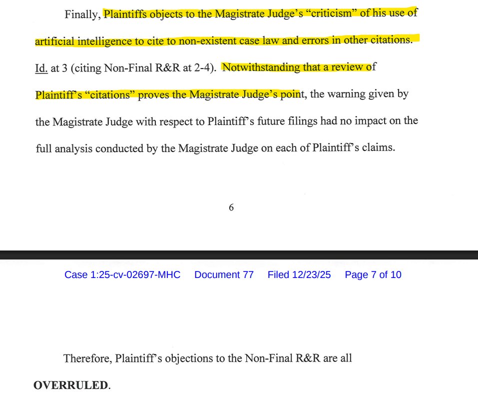 RobertFreundLaw's tweet photo. If a judge calls you out for citing "non-existent case law," filing an objection in response is probably not the play. https://t.co/oixjZh6HST