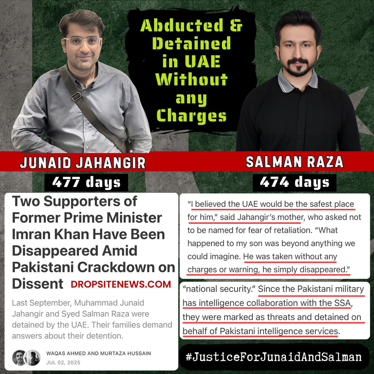 ایک سال سے زیادہ عرصے سے پی ٹی آئی کے ڈیجیٹل میڈیا کے جنید جہانگیر اور سلمان رضا یو اے ای میں غیر قانونی طور پر حراست میں ہیں بغیر مقدمہ اور انصاف کے ۔ ان کی فیملیز ان کے انتظار میں ہیں۔ فسطائیت اب پاکستان تک محدود نہیں۔ اپنے مفاد اور بدلے کہ لئے یہ کسی بھی حد تک جا سکتے ہیں۔