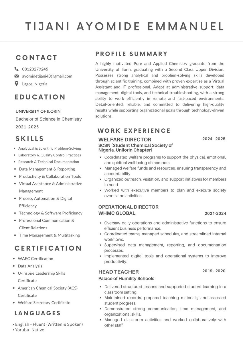 justayomide__'s tweet photo. @OfficialArole I’ve decided to heed to this advice of being “LOUD” as @OfficialArole as said!

Sir, this is my CV and will be glad if I can get a remote job to earn as a student. I just graduated from Unilorin https://t.co/4X0MGVUefA