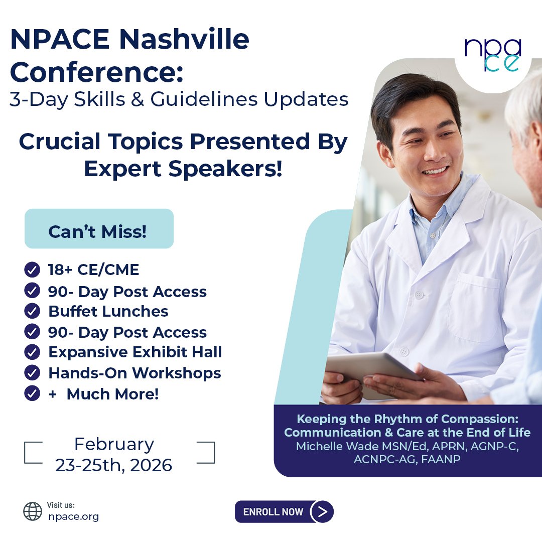 NPACE_org's tweet image. NPACE Nashville brings you 3-days of Skills &amp;amp; Guideline updates!
We are joined by speaker Michelle Wade for "Keeping the Rhythm of Compassion: Communication and Care at the End of Life". 
Earn 18+ CE/CME credits &amp;amp; register today!
hubs.li/Q03-xXgQ0