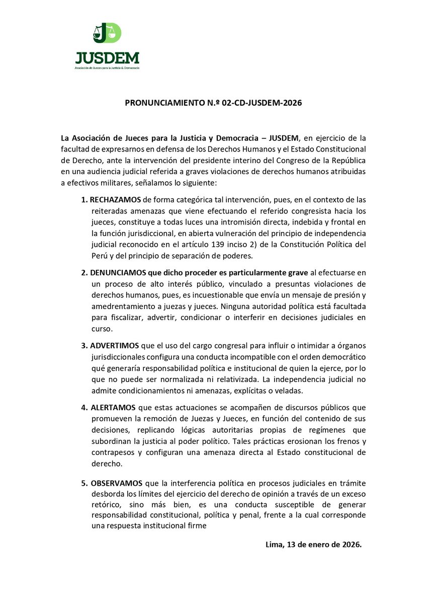 jusdemperu's tweet image. Ante la intervención del presidente interino del Congreso de la República en una audiencia judicial referida a graves violaciones de derechos humanos atribuidas a efectivos militares, señalamos lo siguiente: