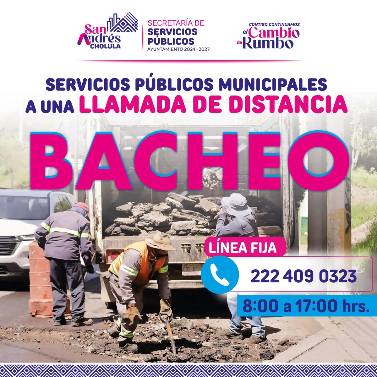 🚧¡La Secretaría de Servicios Públicos a una llamada de distancia!
Reporta baches y contribuye al mantenimiento vial a través de nuestra línea telefónica. En el #GobiernoDeResultados, atender a la ciudadanía es nuestra prioridad.🕳️🛠️

☎️ 222 409 0323.
⌚08:00 a 17:00 hrs.