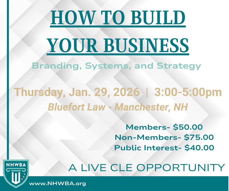 Thinking about growing your practice or strengthening your professional brand?
We will focus on building a successful legal business with branding, marketing, sustainable business planning, and the systems and tools attorneys need to grow with confidence! nhwba.org/event-6470592