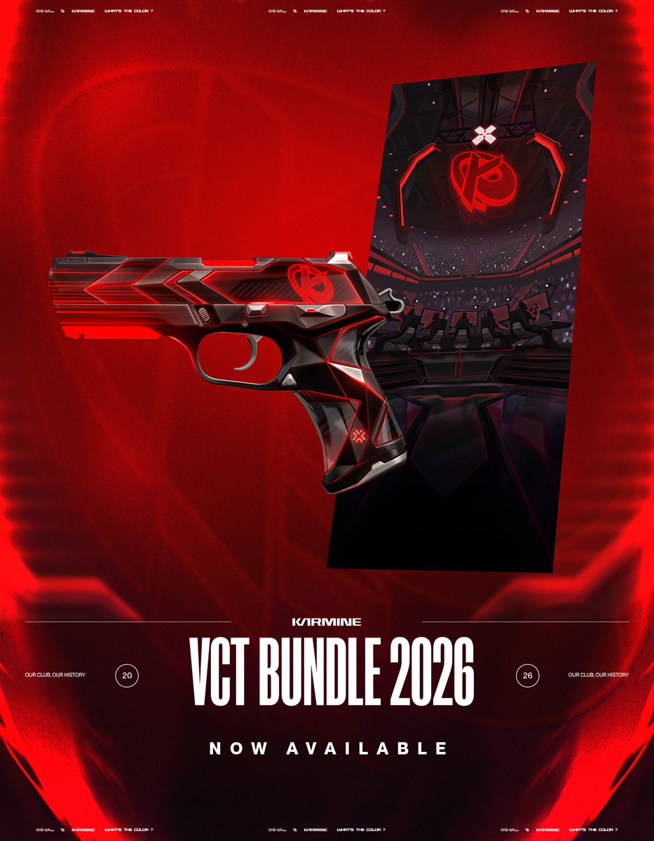 KarmineCorp's tweet image. Rouge sur le maillot, rouge pour le bundle. 🟥

Le Bundle Karmine Corp VCT 2026 est maintenant disponible en jeu. #KCORP