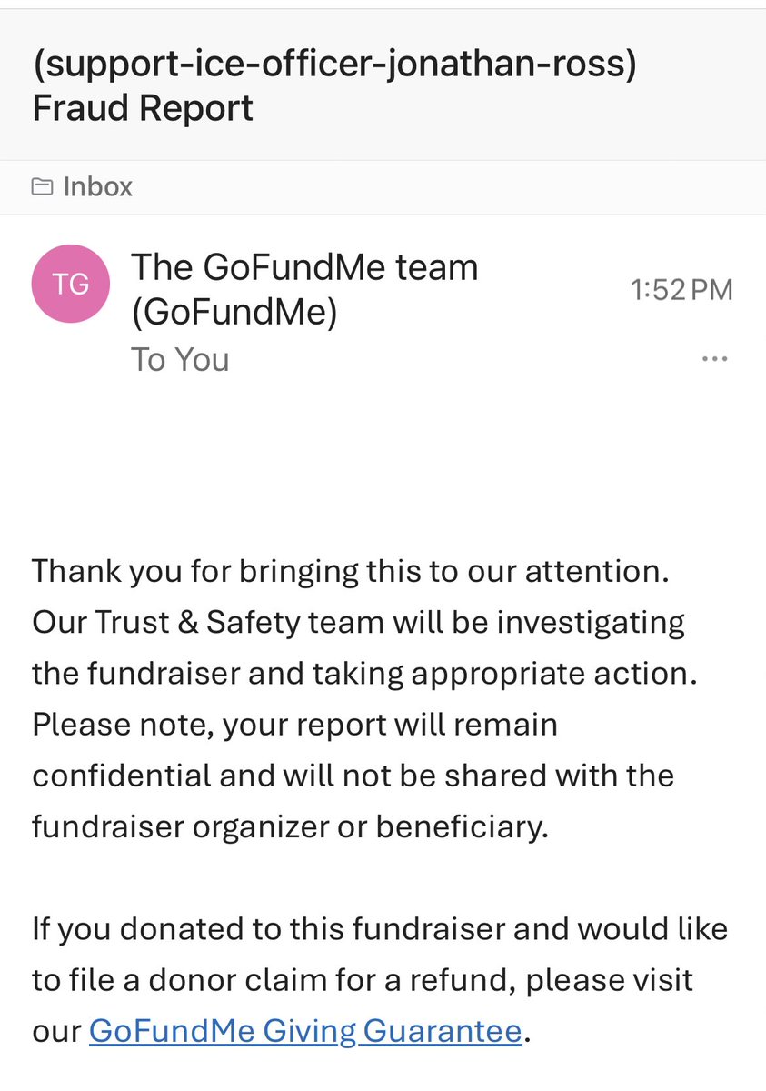 <a href="/Fred_Baliad2/">Fred Baliad</a> <a href="/EdKrassen/">Ed Krassenstein</a> I just reported the GoFundMe for ICE agent Jonathon Ross to the GoGundMe organization. Ross is still being paid and the Feds will pay for and lead his legal defense.