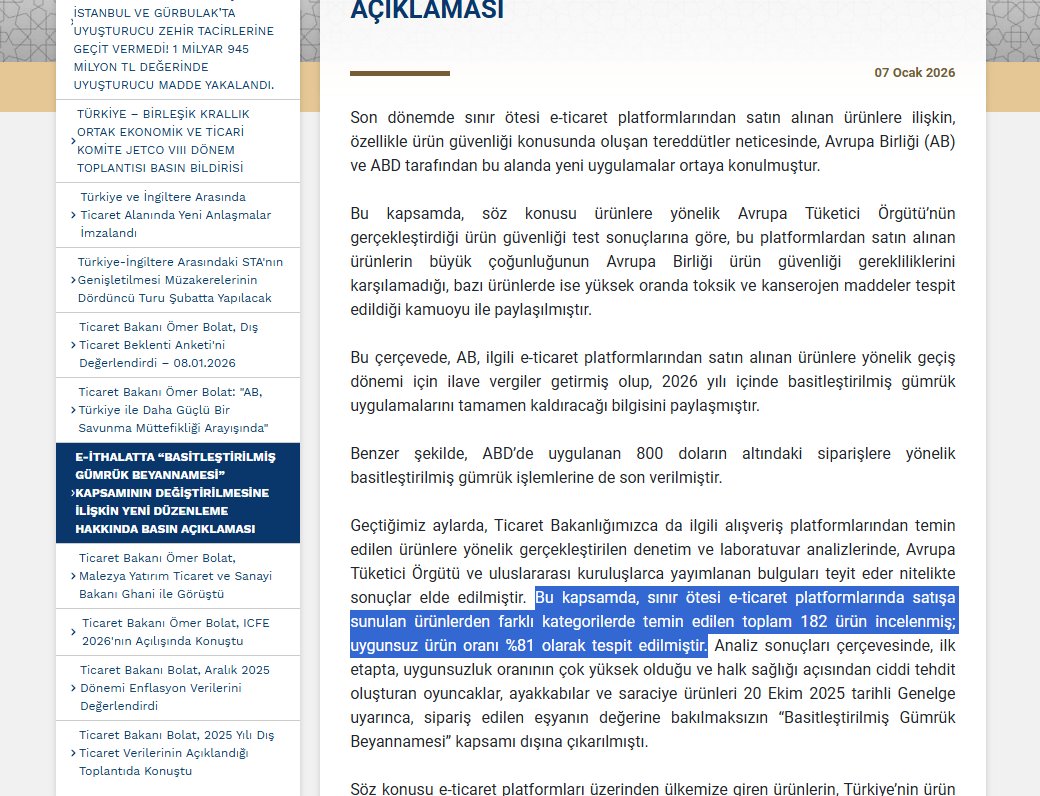 “Yoğun denetleme çalışması” dediğiniz şey bakanlık sitesinde de açıkça yazdığı şekliyle 182 ürün. Türkiye’ye 1 yılda basitleştirilmiş usulde giren e-ticaret paket sayısı yaklaşık 55 milyon. 55 milyon paketi 182 örnekle mi genelleyip hepsinin zararlı olduğuna kanaat getirdiniz?