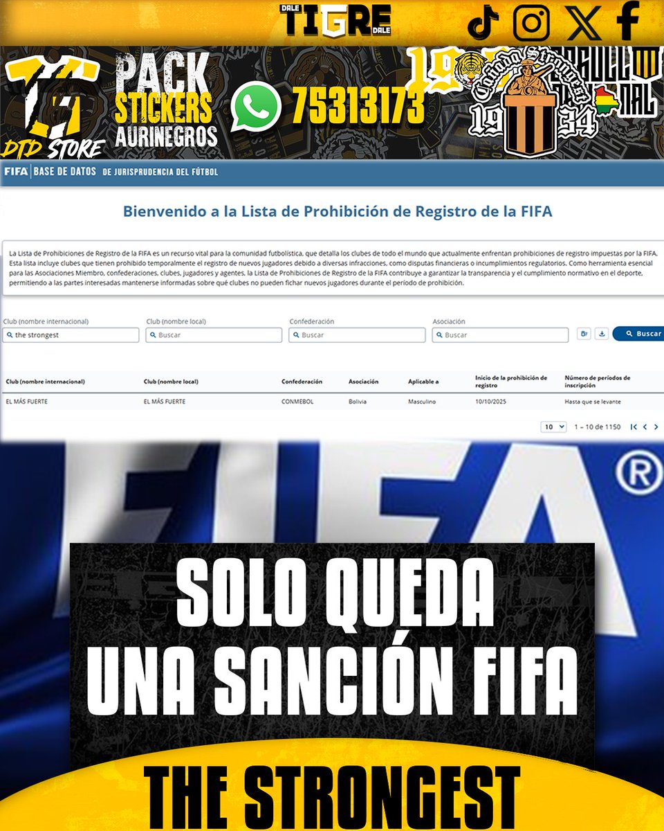Una más y estamos libres para habilitar!!!🐯
Se levantó la sanción que pesaba sobre el club por Rolando Blackburn, restando solo por quitar la sanción por Leo Lopéz.
Una vez subsanada esta deuda, The Strongest podrá habilitar refuerzos e inscribir a los jugadores renovados.