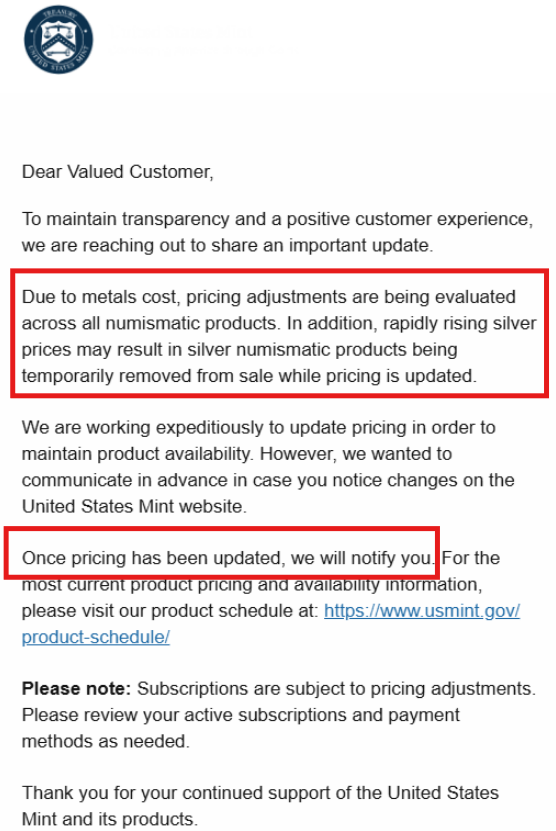silvertrade's tweet image. 🚨BREAKING: US MINT SUSPENDS ALL SALES OF SILVER NUMISMATIC PRODUCTS!!! 🚨

🚨NO MORE SALES UNTIL THE MINT CAN EVALUATE PRICING ADJUSTMENTS ACROSS ALL NUMISMATIC PRODUCTS

🔥Translation: The US Mint is SHUTTING DOWN SILVER SALES Until it Figures Out How to Sell Numismatic Silver…