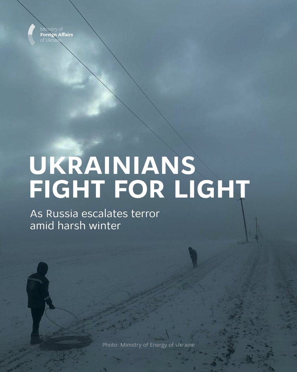 MFA_Ukraine's tweet photo. This winter in Ukraine is harsh. Not just because of snow and freezing temperatures (up to -23°C / -4°F tonight), but also because of a deliberate Russian campaign against civilian life.

Russia continues to strike energy infrastructure, choosing the coldest days, when electricity and heat mean survival. This is cynical, life-denying terror.

As missiles and drones hit power plants, substations, and heating facilities, Ukrainian rescuers, engineers, and energy workers work relentlessly – often under the threat of repeated Russian attacks – to restore light, heat, and water. We are grateful for their immense work.

More pressure is needed on the aggressor right now to stop Russia’s war against civilians.