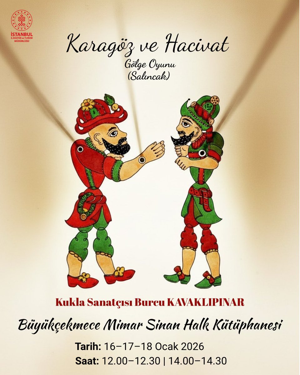Eğlenceli, öğretici ve kültürümüzden izler taşıyan geleneksel gölge oyunu Karagöz ve Hacivat, yarıyıl tatilinde izleyicilerini bekliyor.

<a href="/Keskin_Huseyin/">Hüseyin Keskin 🇹🇷</a> 
<a href="/KTBKYGM/">KYGM</a> 
<a href="/iktm34/">İstanbul İl Kültür ve Turizm Müdürlüğü</a>