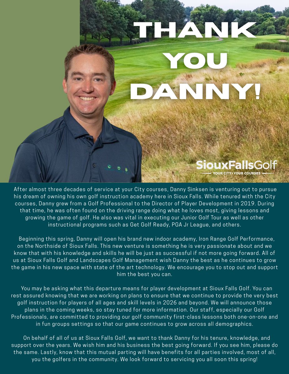 On behalf of all of us at Sioux Falls Golf, we want to thank Danny for his tenure, knowledge, and support over the years. We wish him and his business the best going forward. If you see him, please do the same.
#SFGolf #WeAreGolf #YourCityYourCourses #LUGolf
