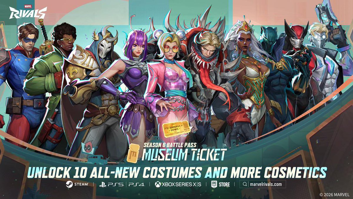 ‼️ Skins De Pase de Batalla Temporada 6: Museum Ticket 
🟡 Invisible Woman: Prism Parade
🟡 Venom: Space Corsair
🟣 Storm: Queen of Wakanda
🟣 Black Panther: King of Wakanda
🟣 Mantis: Galactic Gladiator
🟣 Moon Knight: King of Clubs
🟣 Wolverine: Winter Soldier
#MarvelRivals 1/2
