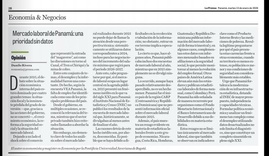 Es irónico que el desempleo sea uno de los temas más relevantes del país y que el INEC no haya publicado resultados de mercado laboral en el 2025.

Abordo este punto en mi artículo de hoy publicado en <a href="/prensacom/">La Prensa Panamá</a> 

prensa.com/opinion/mercad…