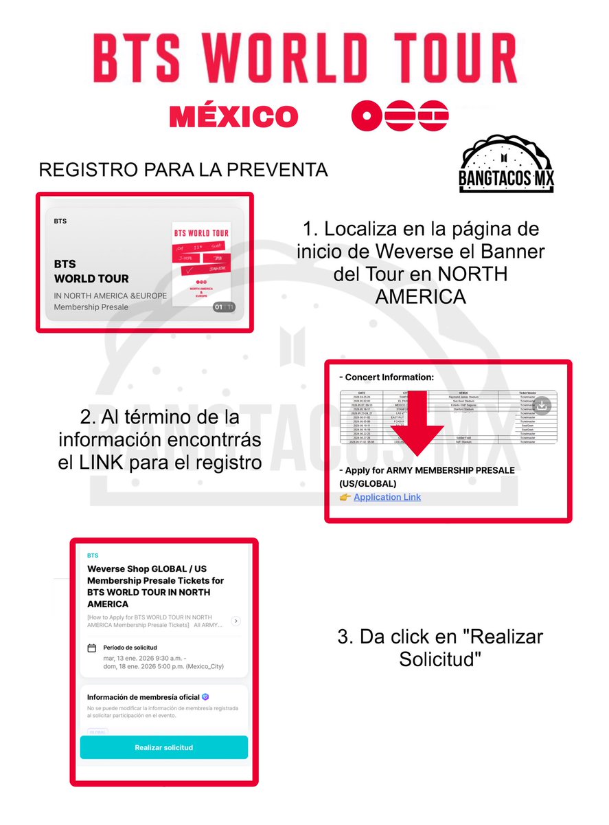 BangtacosMexico's tweet photo. [TUTORIAL] @BTS_twt 
 
👉🏻¿Cómo compro mi membresía?
👉🏻¿Como me registro para la preventa? 

Te dejamos una pequeña guía con la información más relevante! siempre responderemos a sus dudas en mensaje o comentarios 🇲🇽💜🫶🏻

cr. WEVERSE

#BTSComeback2026 @BTS_twt #BTS_WORLDTOUR https://t.co/7IEY3LLplJ