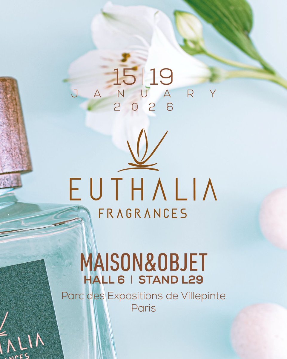 euthaliafrag's tweet photo. Paris sets the stage for Euthalia Fragrances 2026.

@MaisonObjet | 15–19 January
📍 Hall 6 – L29

Euthalia Fragrances, Luxury Scented Emotions

#EuthaliaFragrances #MaisonObjet #ParisDesignWeek https://t.co/8uMeFkOMVz