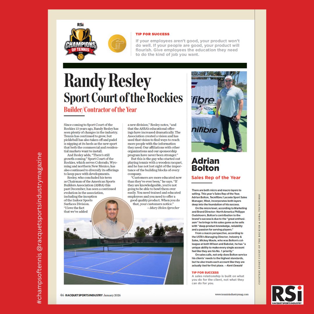Spotlight on Randy Resley/Sport Court of the Rockies; 2025 RSI Builder/Contractor of the Year.
“You need trained and educated employees &amp; you need to offer a good quality product. When you do that, your customers notice,” Resley says. #champsoftennis2025
➡️bit.ly/48uZzaw