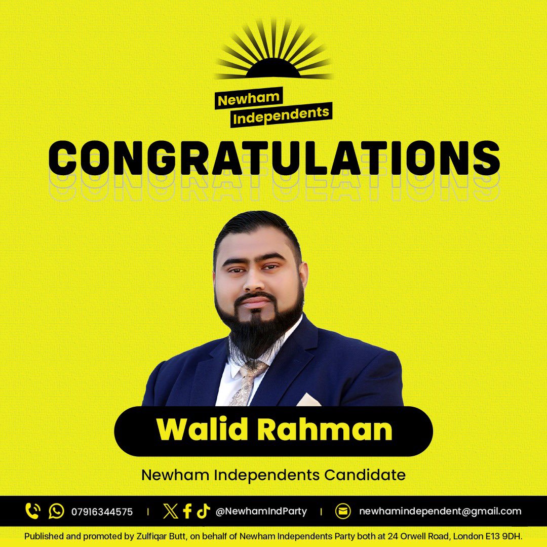 NewhamIndParty's tweet image. 🎉Congratulations to Walid Rahman on being selected as a Newham Independents councillor candidate for the May 2026 local elections.
Wishing you every success on this exciting journey!

#NewhamIndependents #LocalDemocracy #TeamNewham