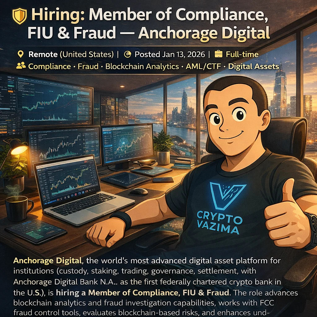 🛡️ Hiring: Member of Compliance, FIU & Fraud — Anchorage Digital 📍 Remote  (United States) | 💼 Full-time | 🧑‍💻 Compliance · FraudInvestigation ·  BlockchainTracing · AML · CryptoBank | 🕐 Posted