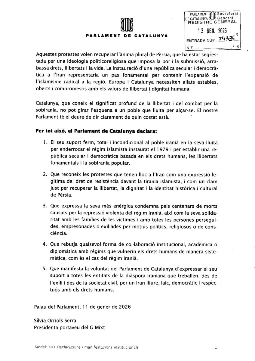 CatalunyaAC's tweet image. Aliança Catalana registrem una declaració institucional al Parlament de Catalunya per expressar el suport explícit al poble iranià en la seva lluita contra el règim islamista i la repressió.

Catalunya no pot romandre en silenci davant la persecució sistemàtica de dones, minories…