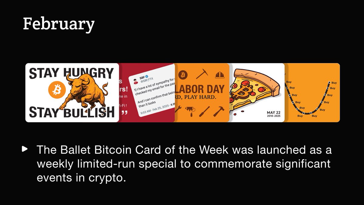 February, 2025 The Ballet Bitcoin Card of the Week was launched as a weekly  limited-run special to commemorate significant events in crypto.  https://t.co/sz0sUcgX3r